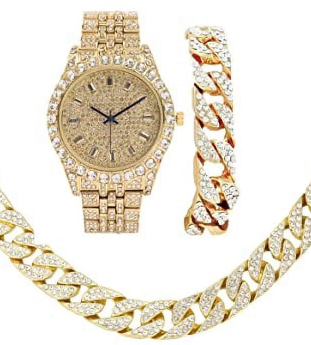 Blinged Out Cuban Necklace W/ Matching Bracelet and Fire Iced Out Timepiece - Boujee 3Pc Set - 2023 CNBW (ST10226 Gld/Gld)