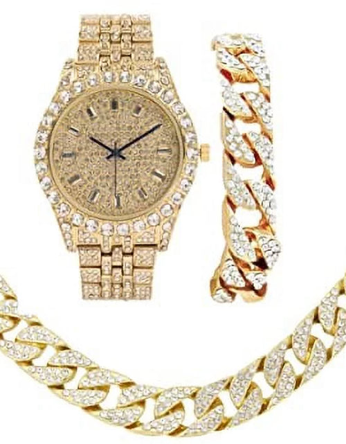 Load image into Gallery viewer, Blinged Out Cuban Necklace W/ Matching Bracelet and Fire Iced Out Timepiece - Boujee 3Pc Set - 2023 CNBW (ST10226 Gld/Gld)

