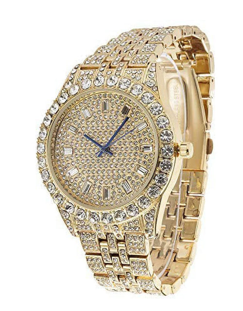 Load image into Gallery viewer, Blinged Out Cuban Necklace W/ Matching Bracelet and Fire Iced Out Timepiece - Boujee 3Pc Set - 2023 CNBW (ST10226 Gld/Gld)
