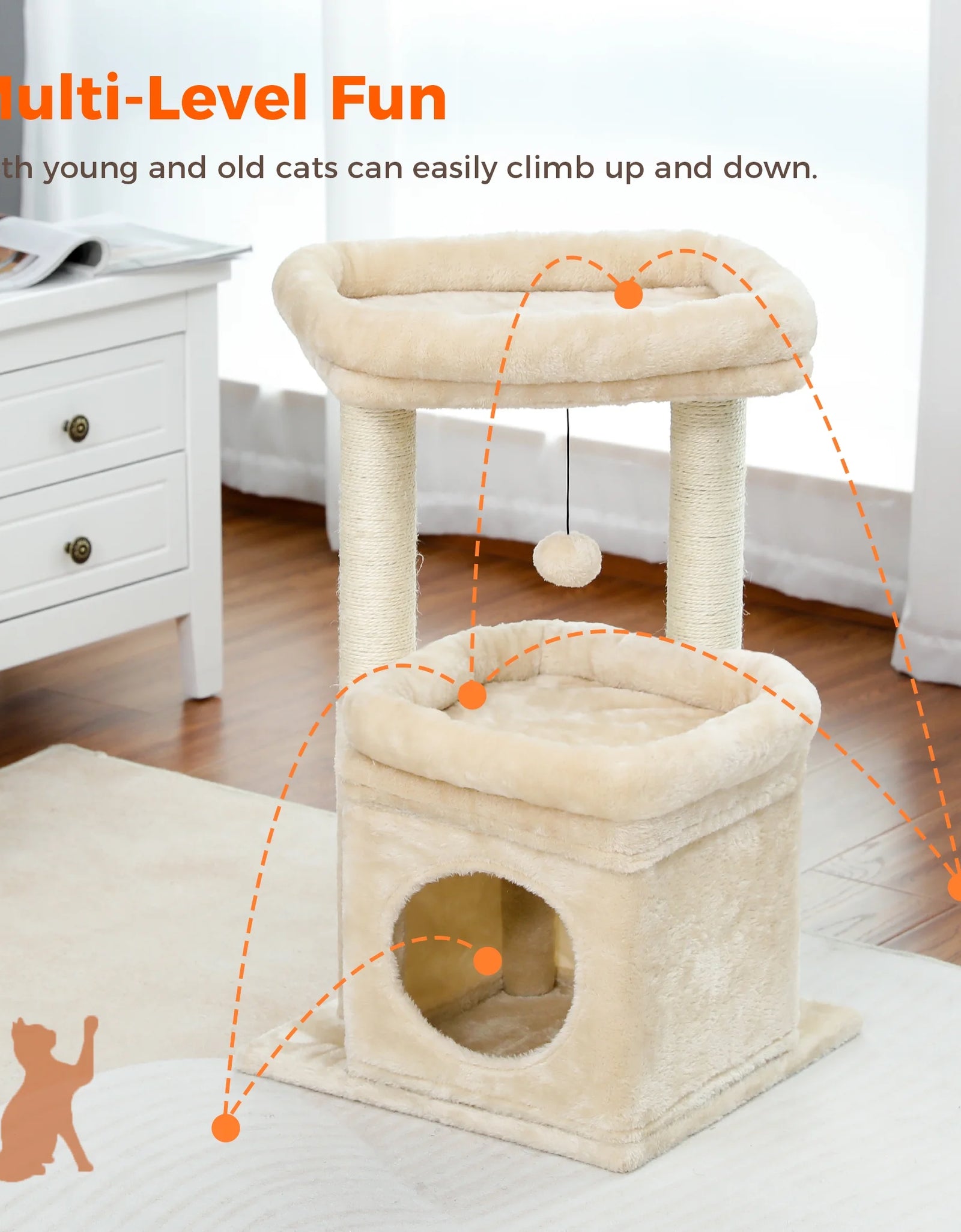 27" Cat Tree for Medium Cats Plush Condo and Scratching Posts, Beige