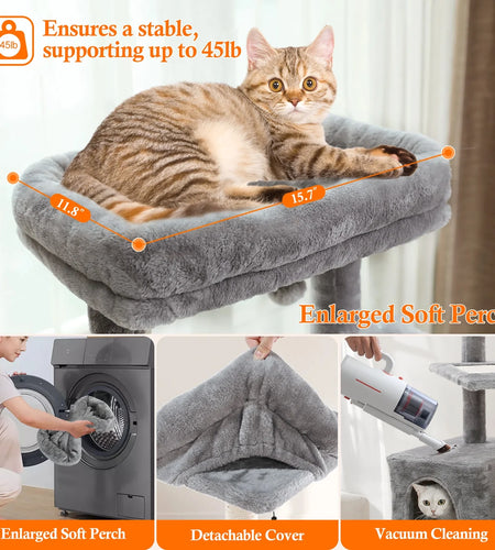 Cat Tree for Large Cats, Multi-Level Cat Tower with Sisal Covered Scratching Posts, Spacious Condo, Cozy Hammock and Plush Top Perch