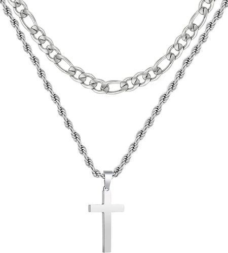 2025 Graduation Gifts for Him Boys Kids Teenages Teen Boyfriend Brother Son Grandson Graduates Silver Cross Necklace Pendant Chain Set Catholic Religious Christian Jewelry Gifts Ideas Age