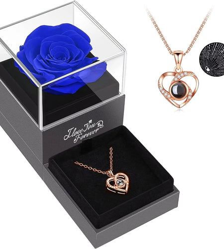 Preserved Red Real Rose with I Love You Necklace in 100 Languages -Eternal Flowers Rose Gifts for Mom Wife Girlfriend on Birthday Anniversary Christmas Mothers Day Valentines Romantic Gifts for Her