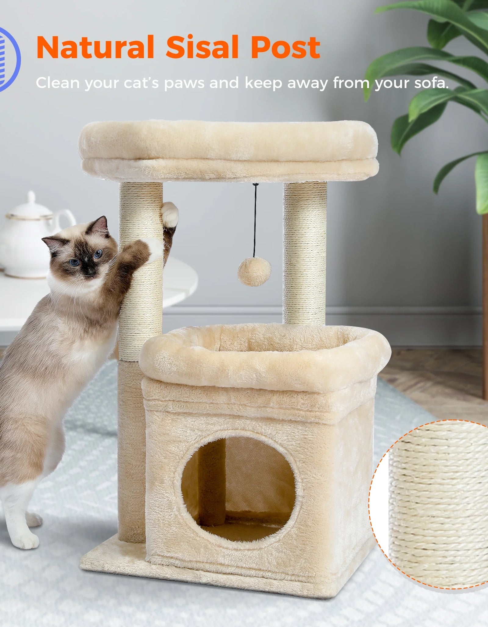 27" Cat Tree for Medium Cats Plush Condo and Scratching Posts, Beige