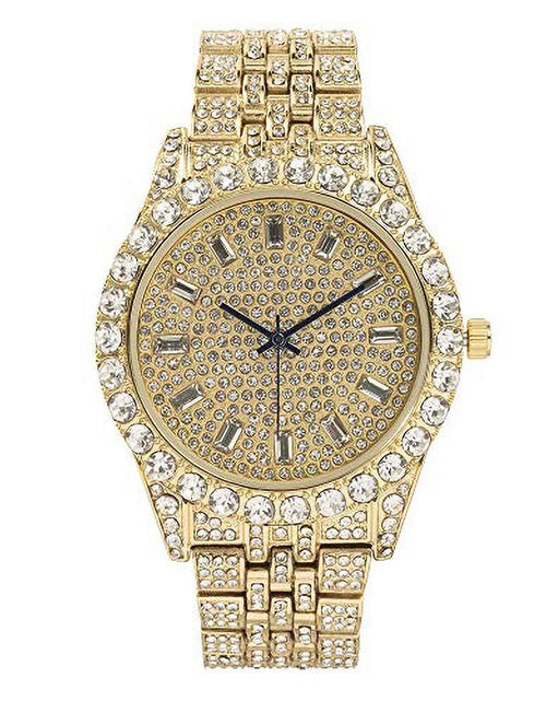 Load image into Gallery viewer, Blinged Out Cuban Necklace W/ Matching Bracelet and Fire Iced Out Timepiece - Boujee 3Pc Set - 2023 CNBW (ST10226 Gld/Gld)
