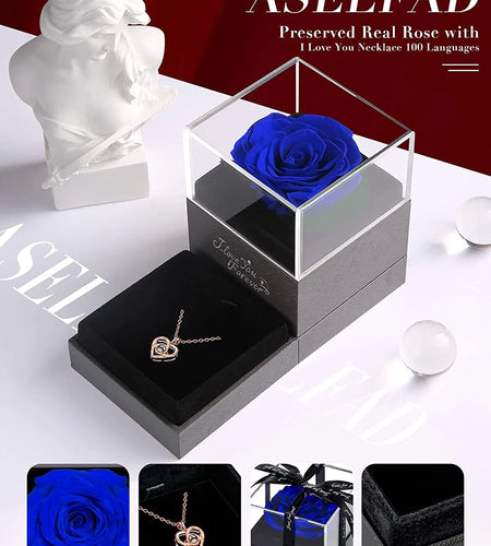 Preserved Red Real Rose with I Love You Necklace in 100 Languages -Eternal Flowers Rose Gifts for Mom Wife Girlfriend on Birthday Anniversary Christmas Mothers Day Valentines Romantic Gifts for Her