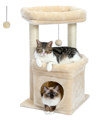 27" Cat Tree for Medium Cats Plush Condo and Scratching Posts, Beige