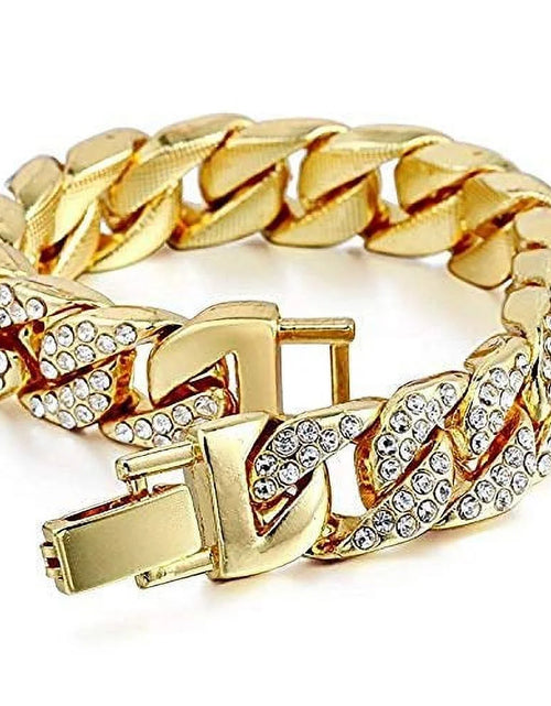 Load image into Gallery viewer, Blinged Out Cuban Necklace W/ Matching Bracelet and Fire Iced Out Timepiece - Boujee 3Pc Set - 2023 CNBW (ST10226 Gld/Gld)

